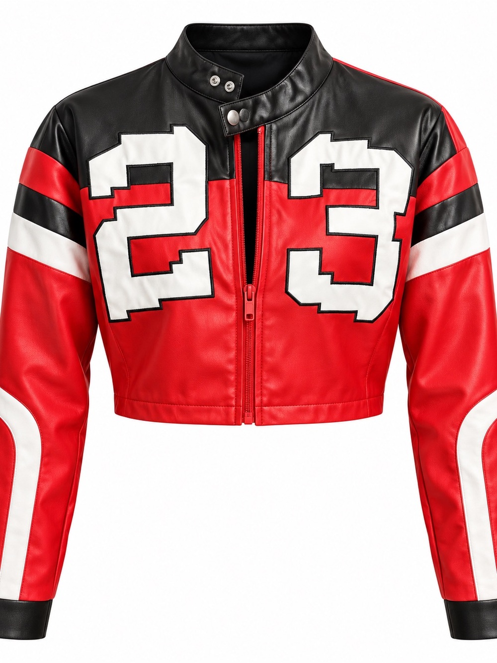 Red & Black Pleather Cropped Motorcycle Jacket with Number 23